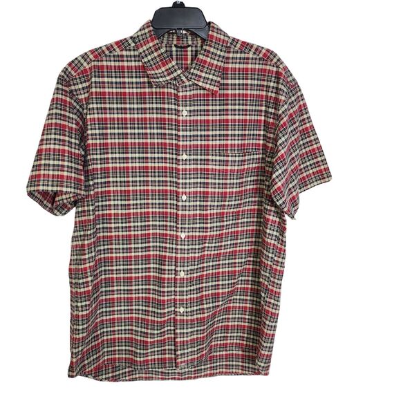 Unbranded Other - Mens Shirt Size XL Button Front Plaid Tan Red Blue Short Sleeve Collared Pocket